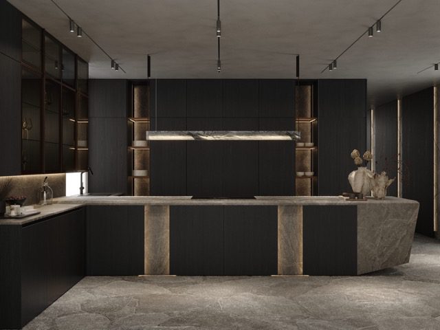 Amoblamiento de cocina cerrado con enchapado en madera Rusticatto, colección Johnson
