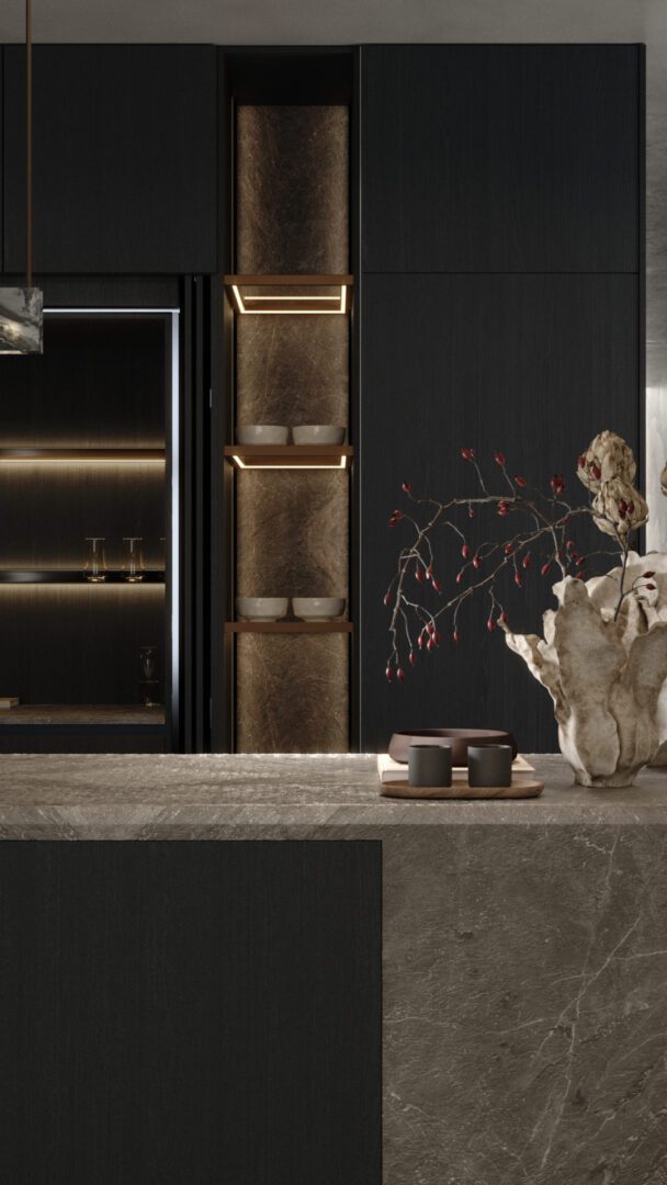 Ambiente de cocina con enchapados en madera Rusticatto, Johnson